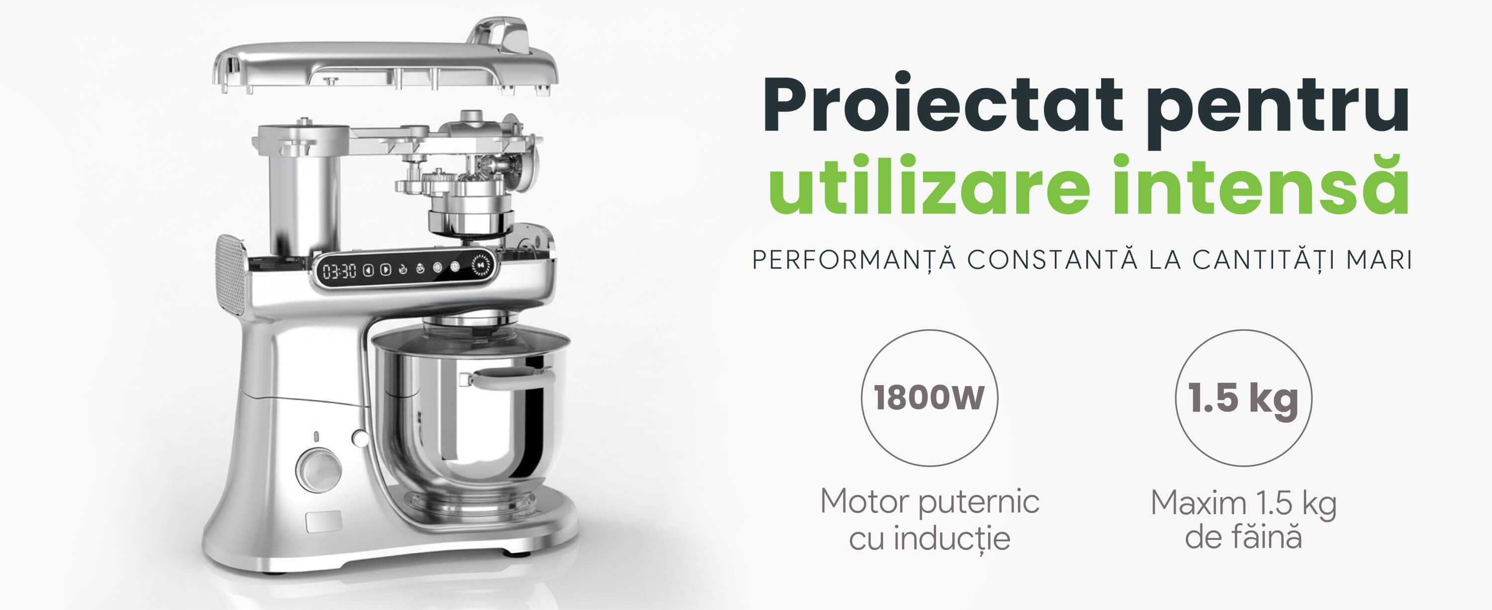 Mixer cu bol profesional, 7L din inox, 1800W, 2.4 kg aluat, carcasă aluminiu, silențios, MB-1800-MAX PRO, Argintiu - 2